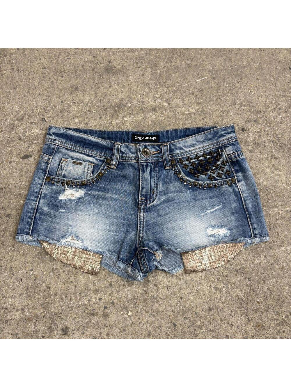 Vintage Y2K Low Rise Denim Micro Shorts ONLY Cross Stud